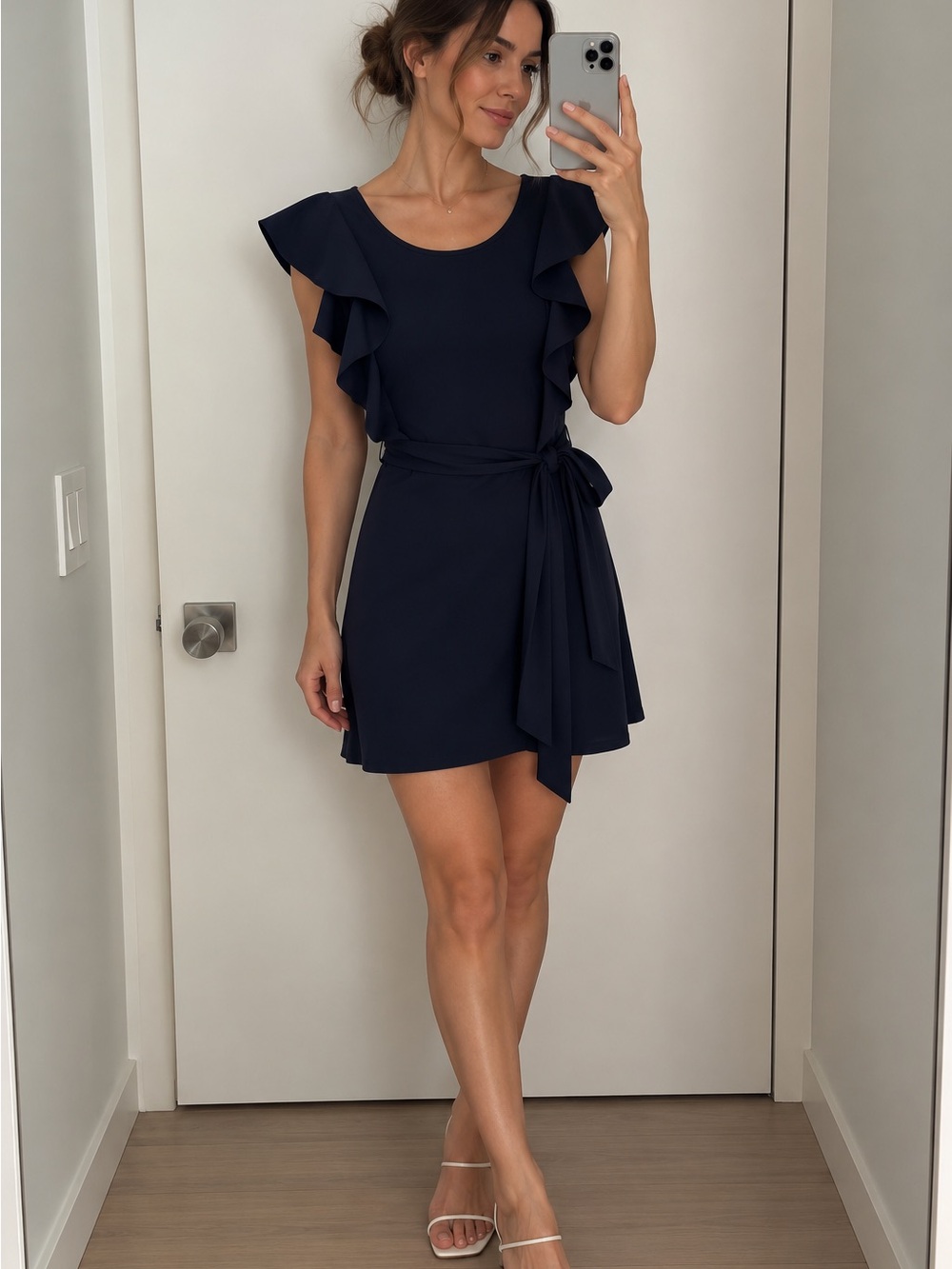 Banana Republic Navy Ruffle Sleeve Tie-Waist Mini Dress